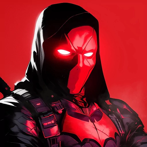 Stylized red hooded avatar with glowing eyes for a profile photo or pfp.