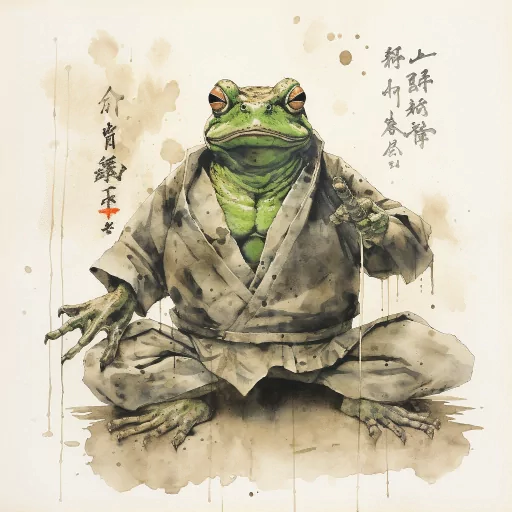 Illustrated frog avatar wearing a traditional kimono with Japanese calligraphy in the background, perfect for a unique and cultural profile photo.