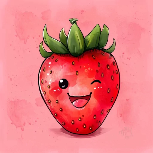 Happy strawberry character profile picture with a cute smile and playful wink against a pink watercolor background.