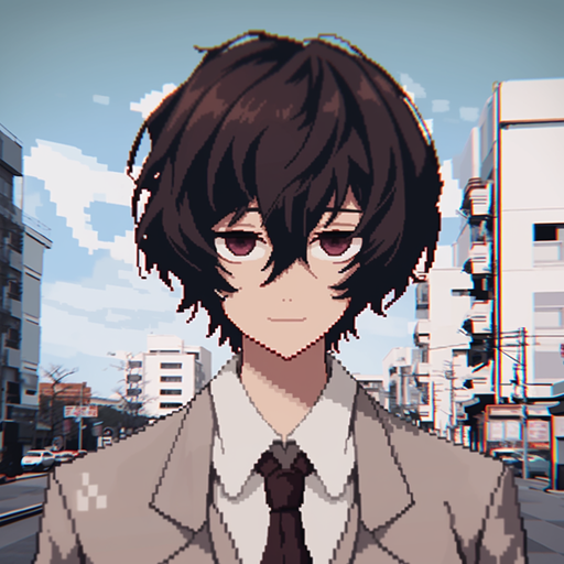 Dazai character portrait in pixelated style with colorful 8-bit artwork.