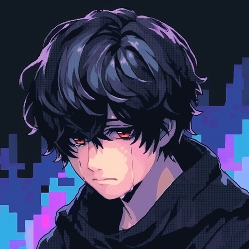Sad pixel art anime boy profile picture (pfp) with a melancholic expression.
