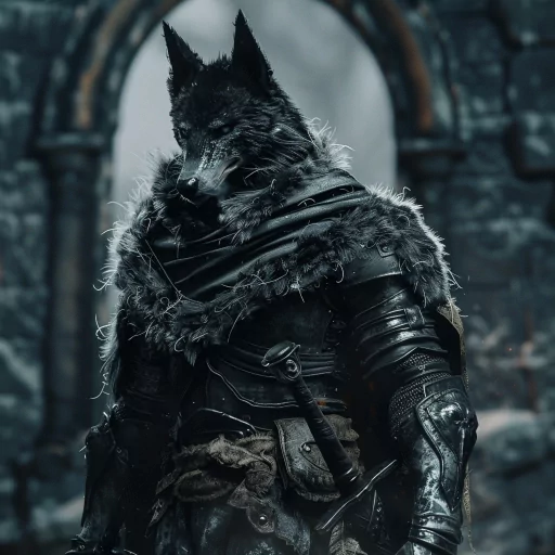 Fantasy wolf avatar with a dark, armored figure standing in front of a stone archway, ideal for a profile picture or gaming pfp.