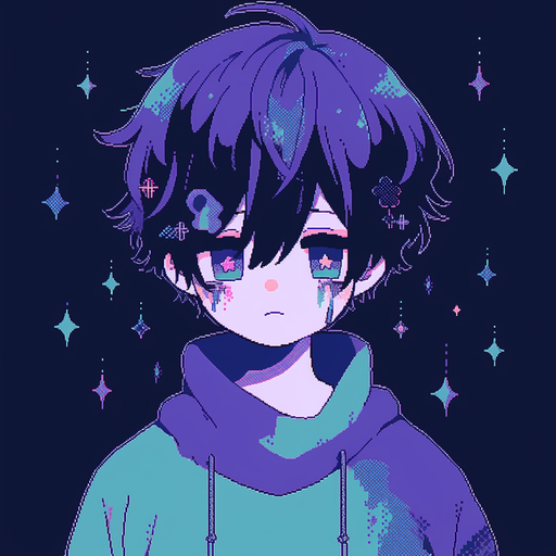 Sad pixel art anime boy profile picture.