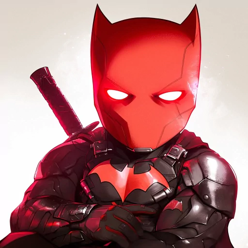 Red hooded vigilante superhero avatar with glowing eyes.