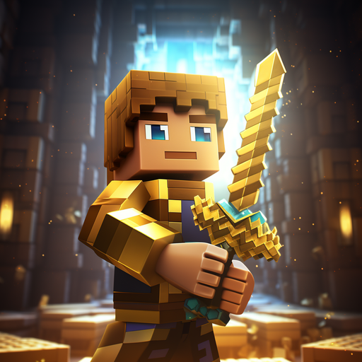 Steve holding a gold sword in a Minecraft scene.