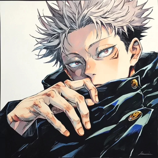 Stylized anime profile picture of a male character with spiky gray hair and intense blue eyes, wearing a dark jacket with golden buttons.
