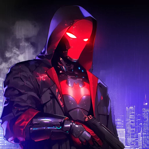 Avatar of a mysterious figure in a red hood with glowing eyes, featuring futuristic armor, set against a neon-lit cityscape background.