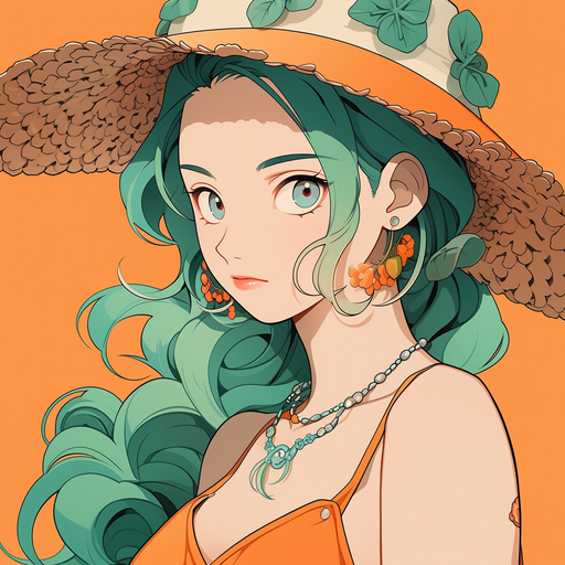 Colorful anime girl with turquoise and orange attire.