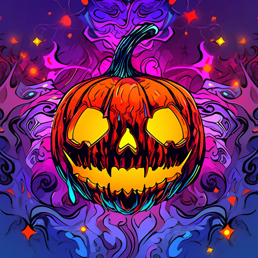 Halloween-themed profile picture with a colorful and psychedelic pumpkin head.