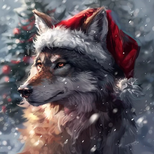 Winter-themed wolf avatar with a festive Santa hat set against a snowy backdrop, perfect for a holiday profile photo.