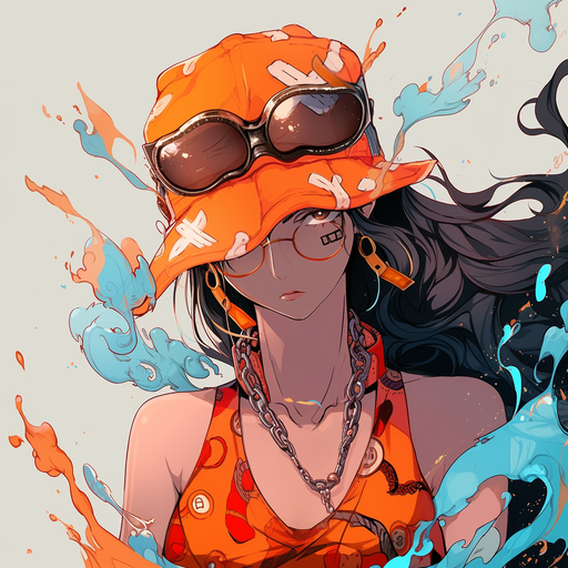 Anime girl with turquoise and orange colors.