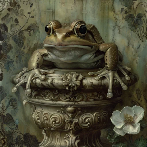 Artistic frog profile photo with a detailed frog resting on an ornate pedestal against a vintage floral background.