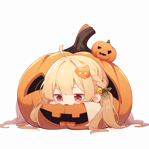 Little girl wearing a pumpkin as a head during Halloween