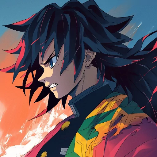 Illustrated profile picture of an animated character with dark hair and an intense gaze, wearing a colorful traditional outfit against a vivid background.