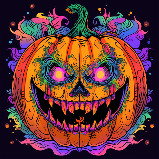 Colorful Halloween pumpkin head with psychedelic patterns.