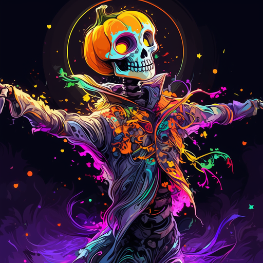 Skeleton dancing with a pumpkin head for Halloween.