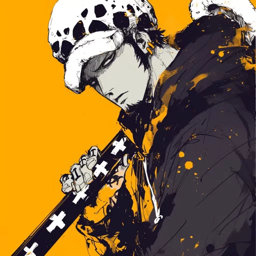 Illustration of a stylized law-themed avatar with a white helmet featuring a black pattern, dark clothing adorned with white crosses, and an intense gaze, set against a vibrant yellow background. Perfect for a law-focused profile picture.