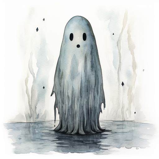 Watercolor and ink illustration of a ghost with a sad expression, inspired by the style of artist Rolly Crump.