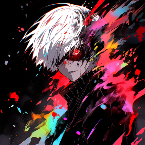 PFP of an anime character inspired by Tokyo Ghoul, featuring a vibrant rainbow gradient background.