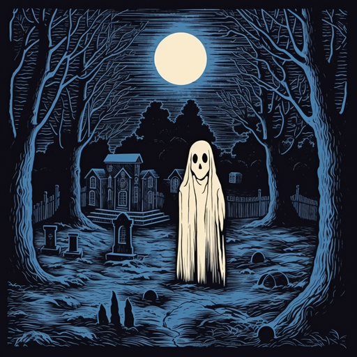 Halloween ghost in midnight graveyard.