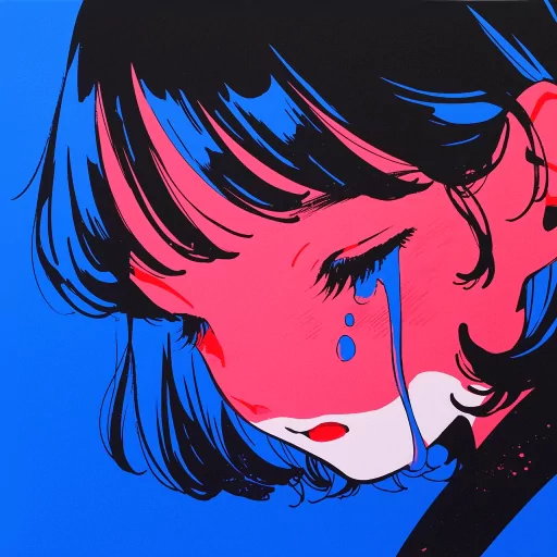 Illustrated avatar of a person with blue hair shedding a tear, against a vivid blue background, suitable for a profile picture.