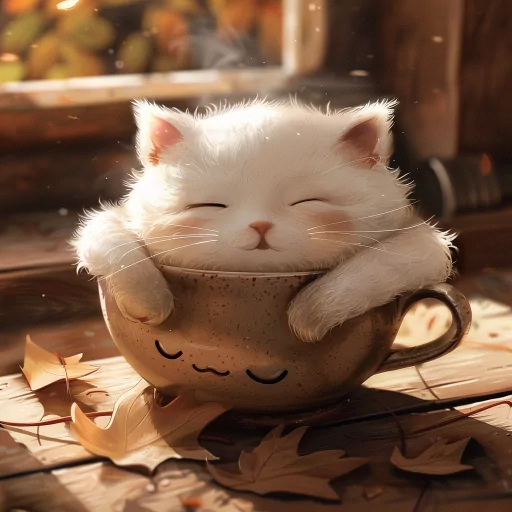 Cozy animated avatar of a smiling white cat snuggled inside a coffee cup surrounded by autumn leaves.