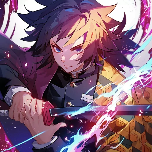 Illustration of an animated character wielding a sword with dynamic blue and purple energy effects, ideal for use as a Giyu-themed profile picture or avatar.