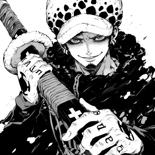 Illustration of Trafalgar Law from One Piece, with a confident smirk, wearing his signature hat and holding the hilt of his sword, for use as a profile picture.