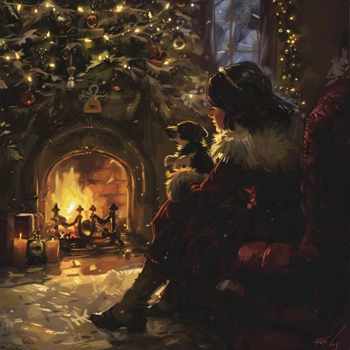 Cozy Christmas avatar with a person sitting by a fireplace under a decorated tree, evoking a warm holiday spirit perfect for a profile photo.