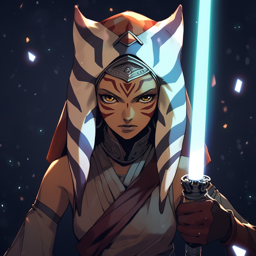 Ahsoka Tano from Star Wars wields two lightsabers in an epic pose