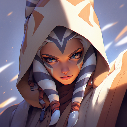 Ahsoka Tano in a dynamic pose, wielding her lightsabers, emanating strength and determination.