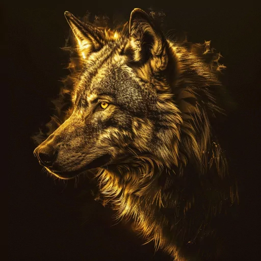 Golden illuminated wolf profile picture with a dark background, showcasing a detailed and intense wolf depiction ideal for an avatar or user icon.