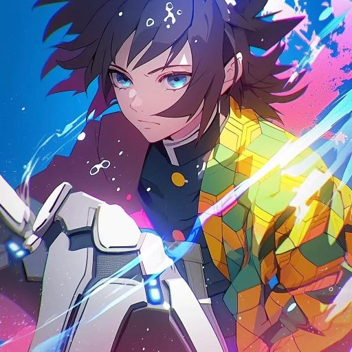 Animated profile picture of a character with dark hair and blue eyes wearing a patterned green and yellow haori, holding a sword with a dynamic blue and pink background.