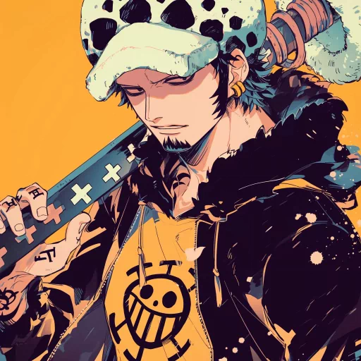 Illustration of a stylish avatar with a modern, law-inspired theme, featuring a character in a spotted hat and a jacket with a unique emblem, holding a sword with legal symbols, set against a vibrant yellow background.