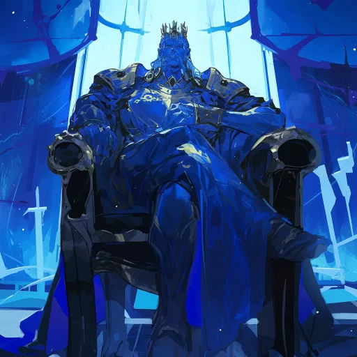 Stylized avatar of a king seated on a throne, depicted in shades of blue with a regal and imposing presence, ideal for a profile picture or gaming pfp.
