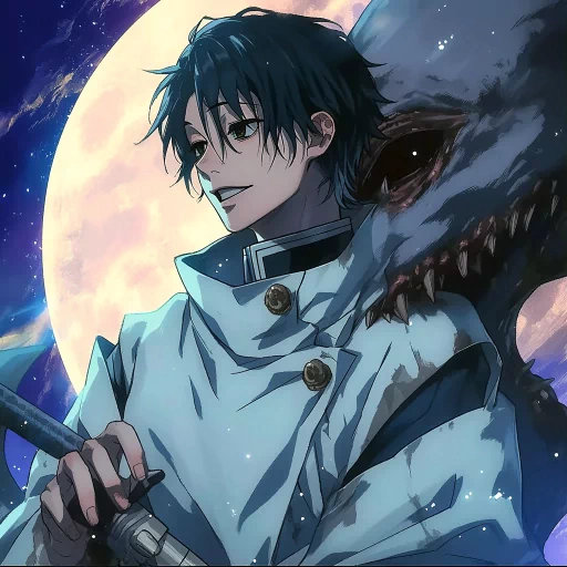 Avatar of Yuta Okkotsu with a dynamic pose against a full moon, featuring an ominous creature in the background, perfect for a profile photo.