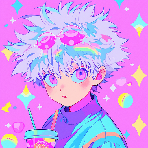 Colorful portrait of Killua, a character from a popular anime series, in a pop art style.