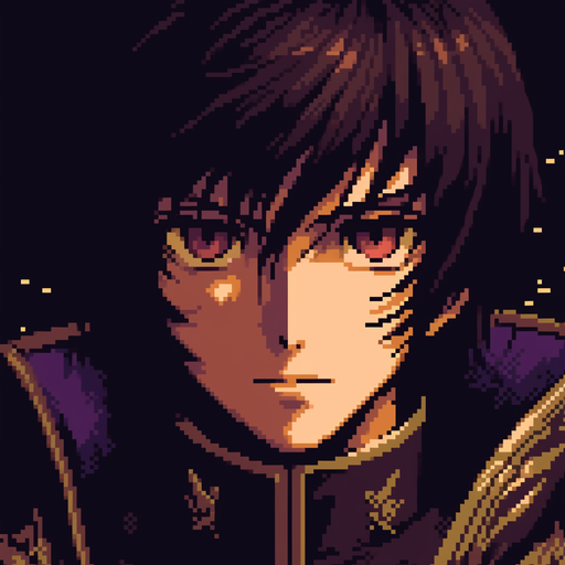 8-bit portrait of Lelouch from a generated pfp, showcasing a stylized depiction.