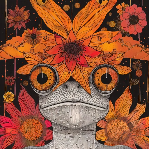 Illustrated frog profile picture with vibrant orange flowers and intricate patterns against a black background.