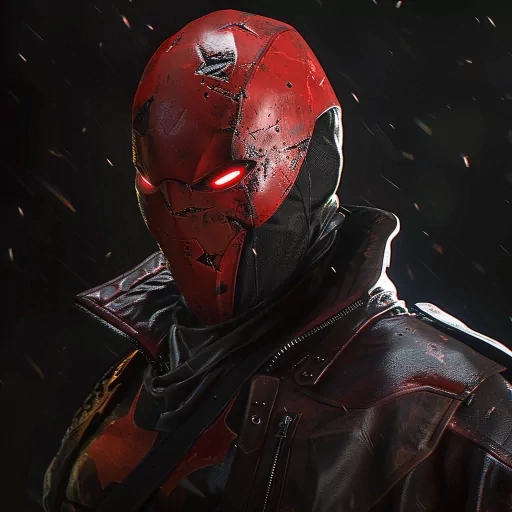 Close-up of a red hood avatar with glowing red eyes and a gritty texture for a profile photo.