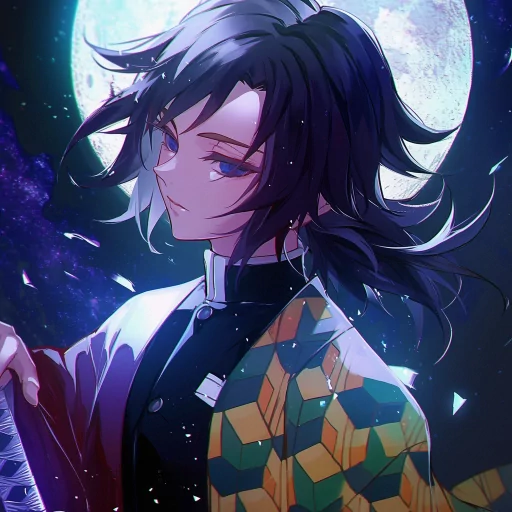 Stylized anime character avatar with a dynamic night sky backdrop, featuring a character with dark flowing hair and a traditional patterned garment.