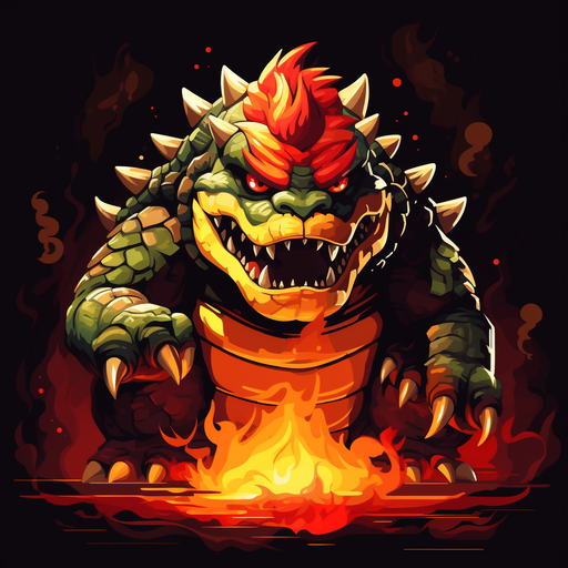 Bowser, an 8-bit rendition, stands tall with a menacing expression.