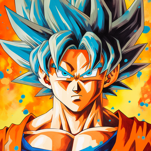 Colorful close-up portrait of Goku with intense gaze.