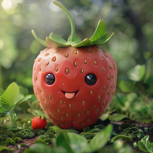 Happy strawberry avatar with cute smiling face on a nature background for profile photo.
