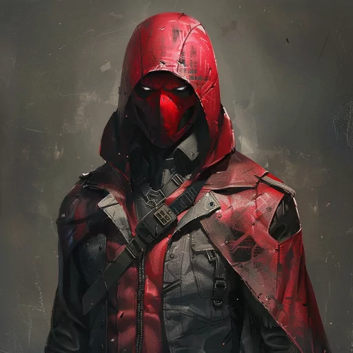 Mysterious avatar featuring a person in a detailed red hooded outfit, ideal for a stylish and enigmatic profile picture.