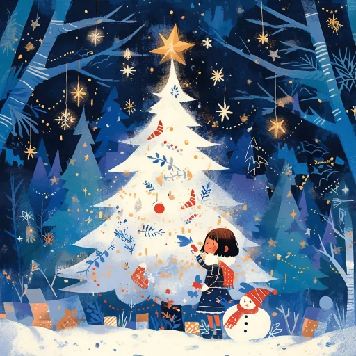 Festive Christmas profile picture featuring an animated girl and snowman beside a sparkling tree under a starry sky.