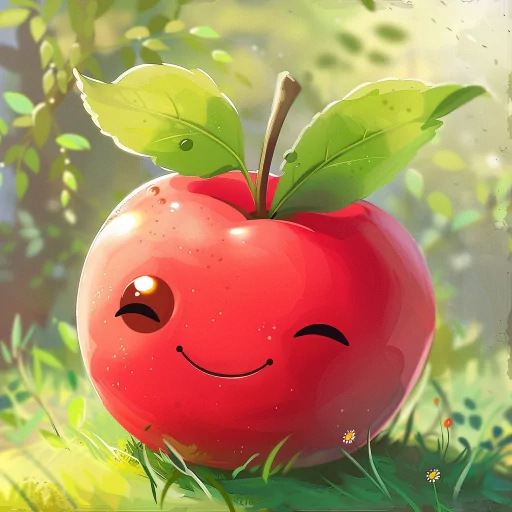 Illustrated apple avatar with a cute, smiling face, set in a sunny, natural backdrop for a profile photo.