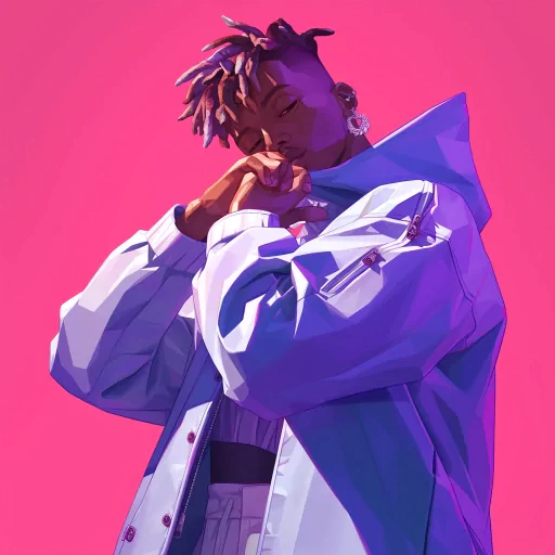 Stylized digital illustration of a person with dreadlocks posing in a white jacket, set against a vibrant pink background, ideal for a profile picture or avatar.