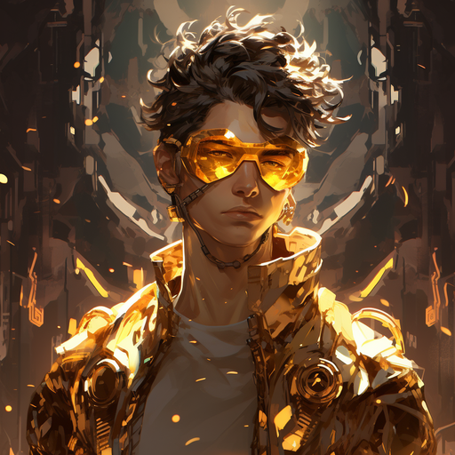 Cyberpunk-inspired gold digital portrait.