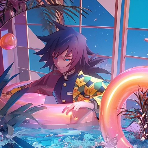 Illustrated profile picture of an anime character with dark hair styled in a modern environment with a neon aesthetic and water elements, suitable for an avatar.